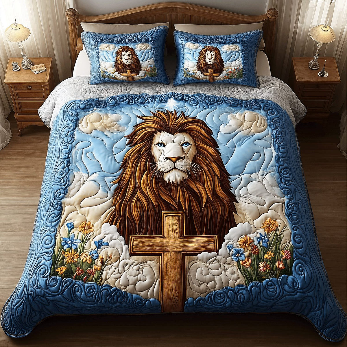 Lion Grace quilted 3-piece bedding set on a made bed with two matching pillow shams