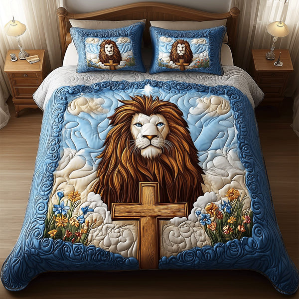 Lion Grace quilted 3-piece bedding set on a made bed with two matching pillow shams