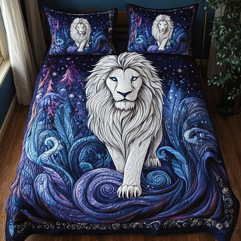 Lion Heart quilted 3-piece bedding set on a made bed with two matching pillow shams