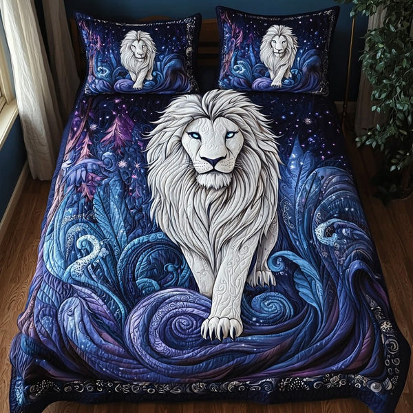 Lion Heart quilted 3-piece bedding set on a made bed with two matching pillow shams