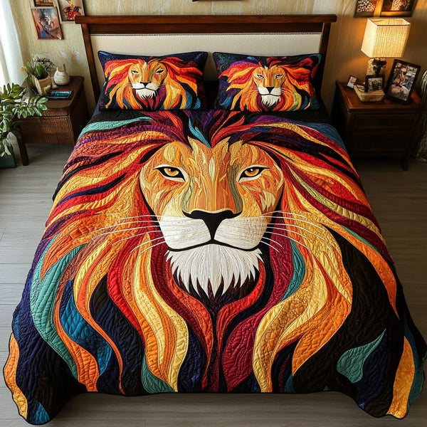 Lion King quilted 3-piece bedding set on a made bed with two matching pillow shams