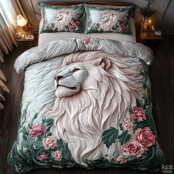 Lion King quilted 3-piece bedding set on a made bed with two matching pillow shams