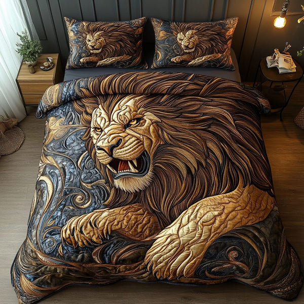 Lion King quilted 3-piece bedding set on a made bed with two matching pillow shams
