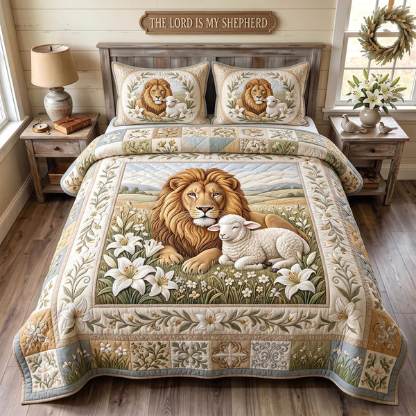 Lion Lamb quilted 3-piece bedding set on a made bed with two matching pillow shams