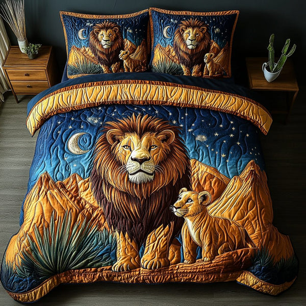 Lion Majesty quilted 3-piece bedding set on a made bed with two matching pillow shams