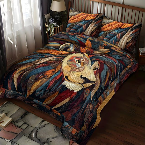 Lion Native quilted 3-piece bedding set on a made bed with two matching pillow shams