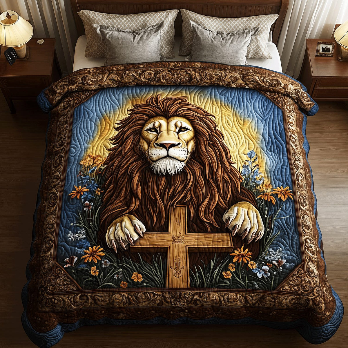 Lion of Glory quilted 3-piece bedding set on a made bed with two matching pillow shams