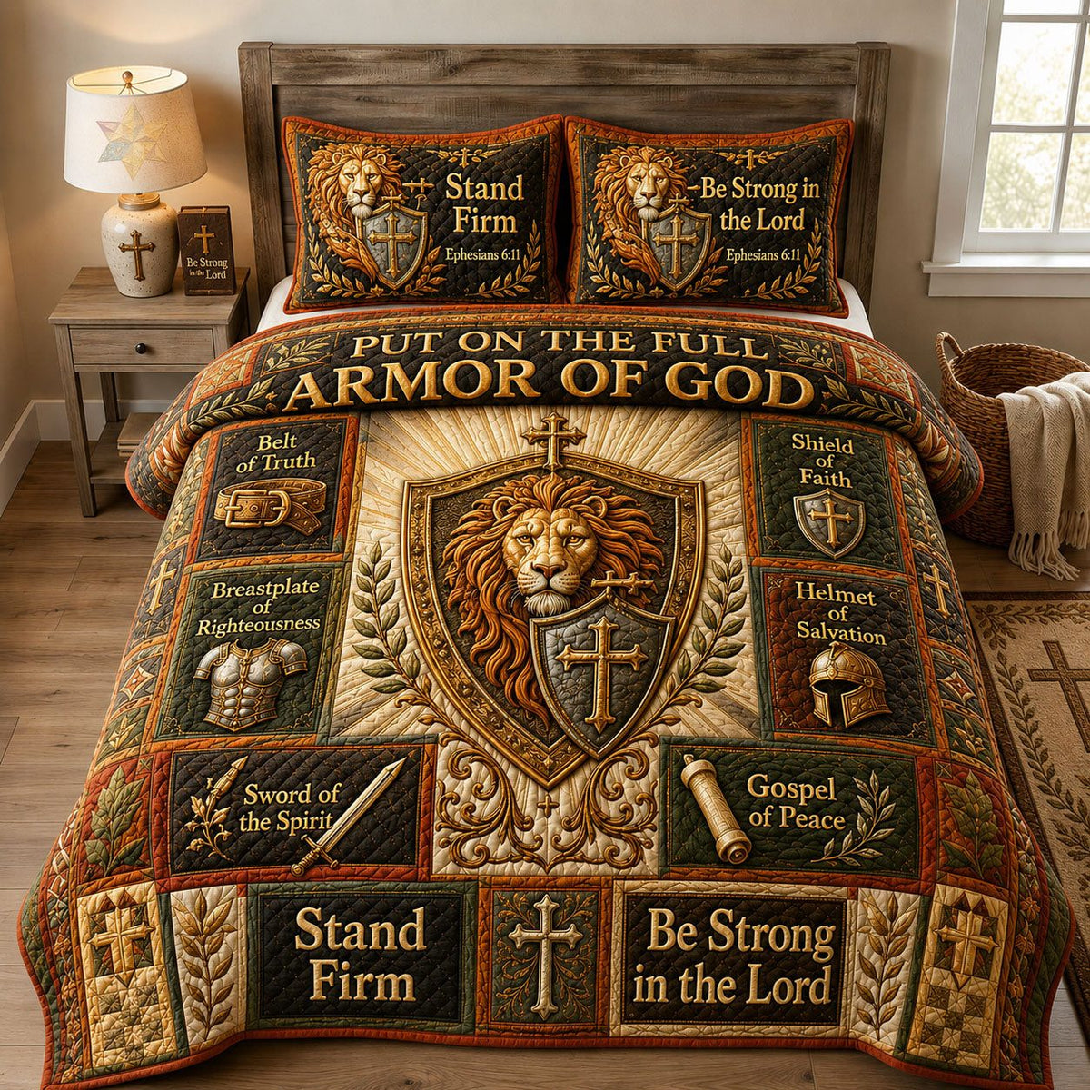 Lion Of Judah Armor quilted 3-piece bedding set on a made bed with two matching pillow shams