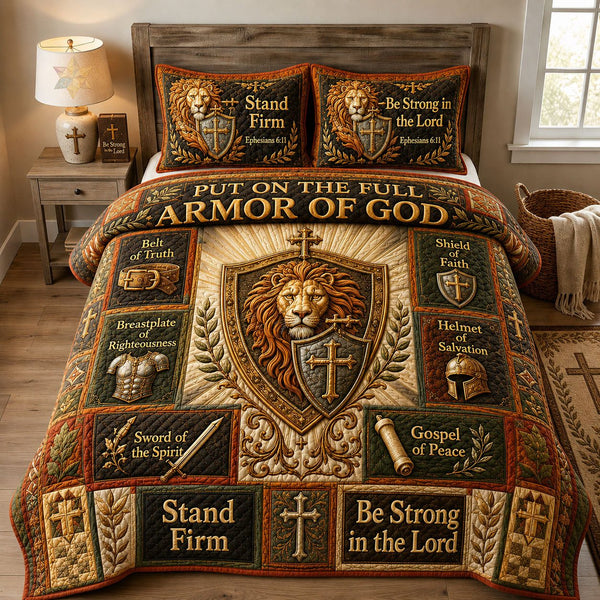 Lion Of Judah Armor quilted 3-piece bedding set on a made bed with two matching pillow shams