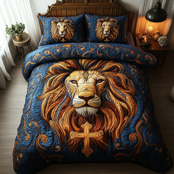 Lion of Judah Majesty quilted 3-piece bedding set on a made bed with two matching pillow shams
