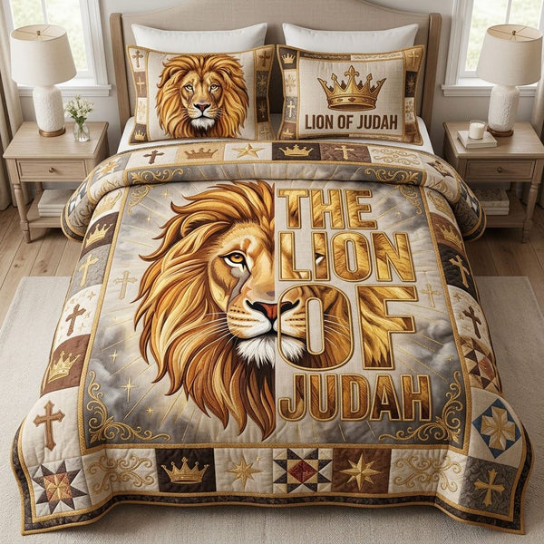 Lion of Judah quilted 3-piece bedding set on a made bed with two matching pillow shams
