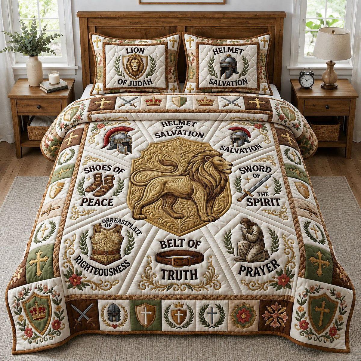 Lion Of Judah quilted 3-piece bedding set on a made bed with two matching pillow shams