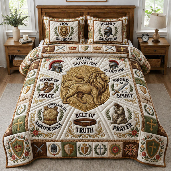 Lion Of Judah quilted 3-piece bedding set on a made bed with two matching pillow shams