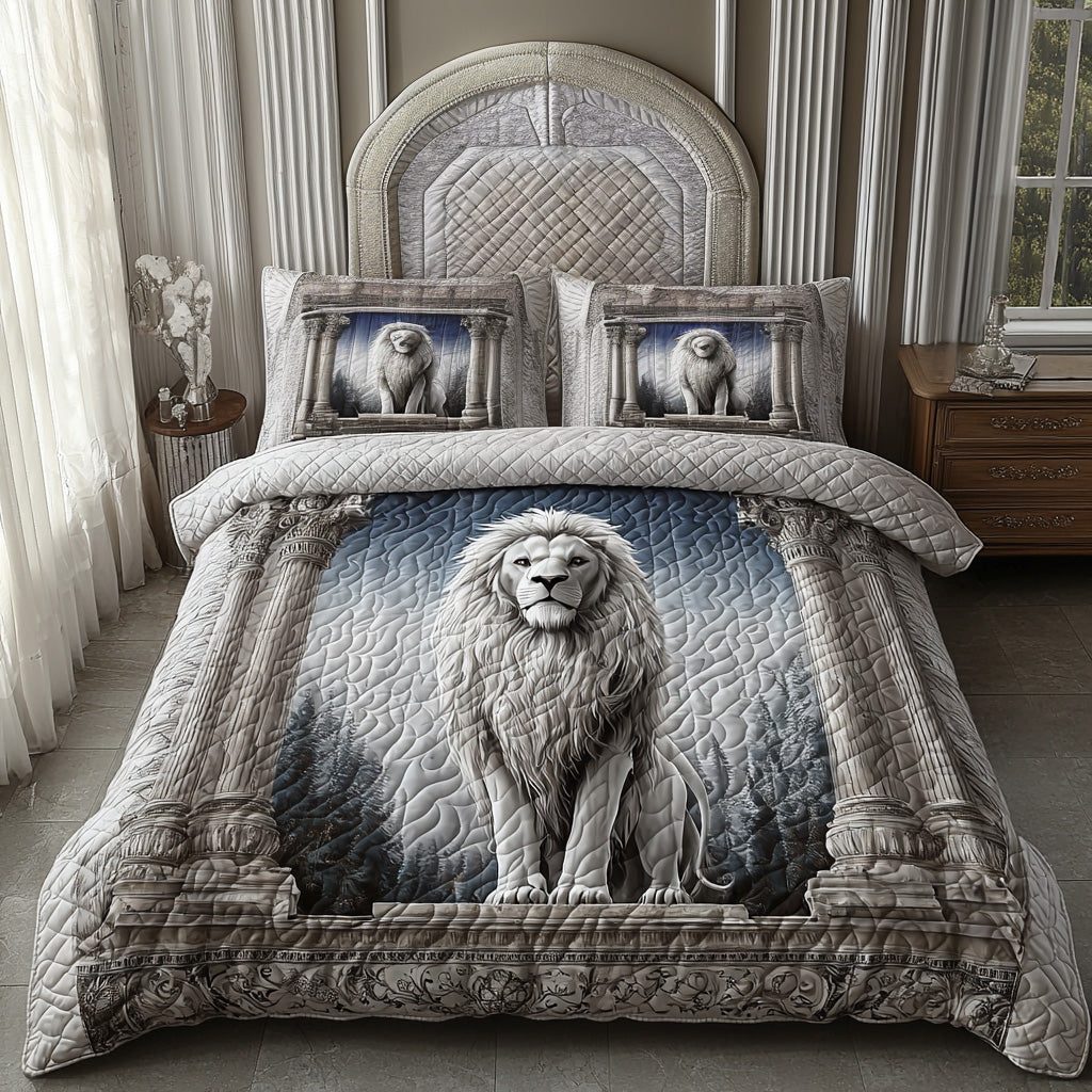 Lion Path quilted 3-piece bedding set on a made bed with two matching pillow shams