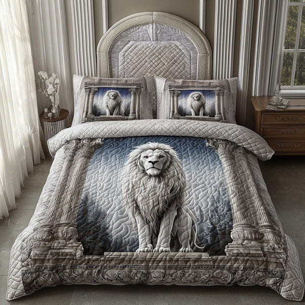 Lion Path quilted 3-piece bedding set on a made bed with two matching pillow shams