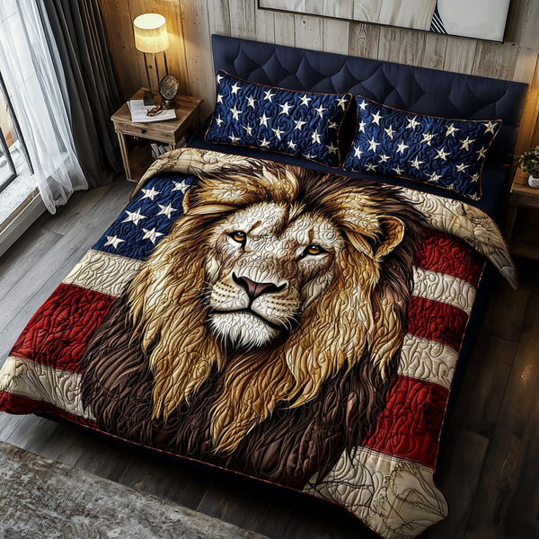 Lion Patriotic quilted 3-piece bedding set on a made bed in a warmly lit bedroom