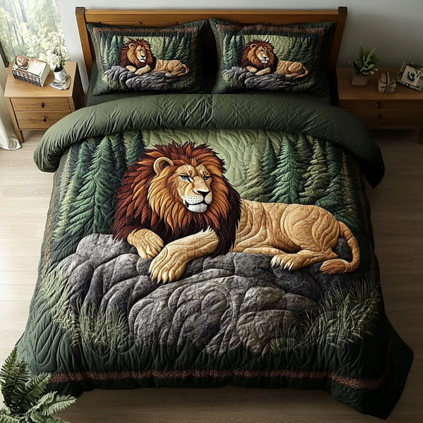 Lion Pride quilted 3-piece bedding set on a made bed with two matching pillow shams