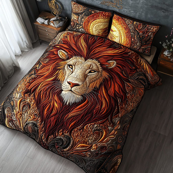 Lion Pride quilted 3-piece bedding set on a made bed with two matching pillow shams