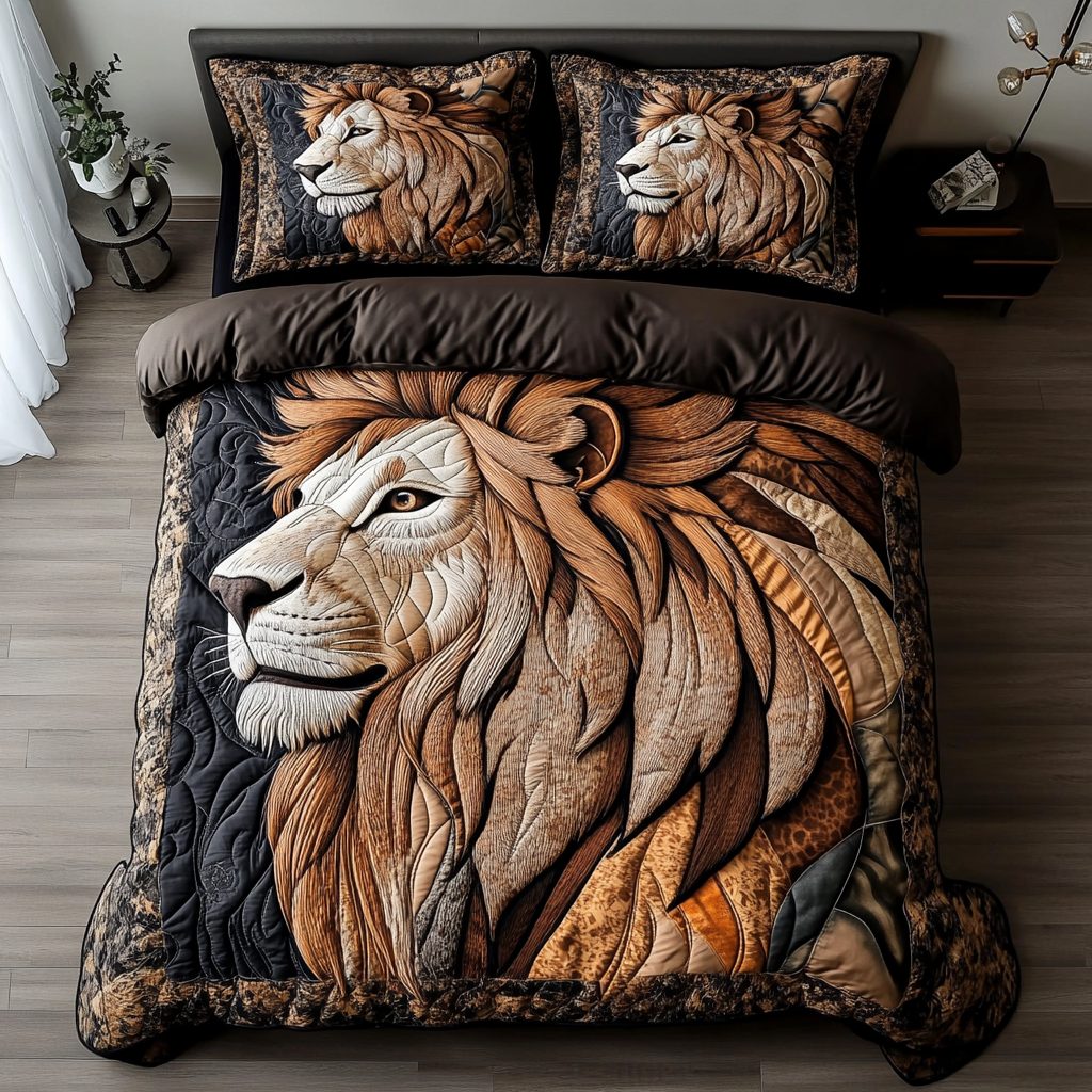 Lion Realm quilted 3-piece bedding set on a made bed with two matching pillow shams