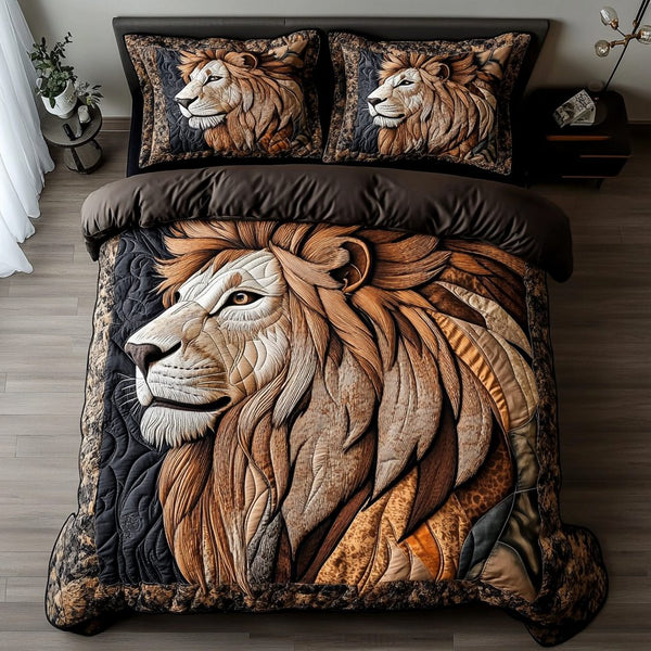 Lion Realm quilted 3-piece bedding set on a made bed with two matching pillow shams