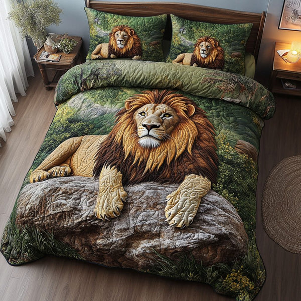 Lion Roar quilted 3-piece bedding set on a made bed with two matching pillow shams