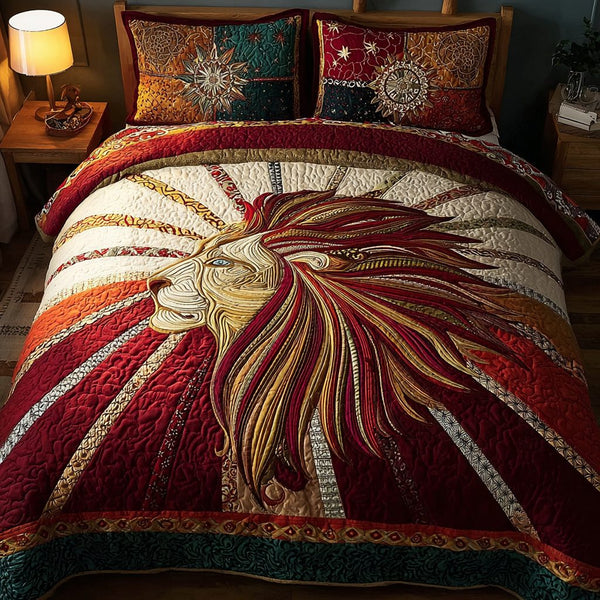 Lion Roar quilted 3-piece bedding set on a made bed with two matching pillow shams