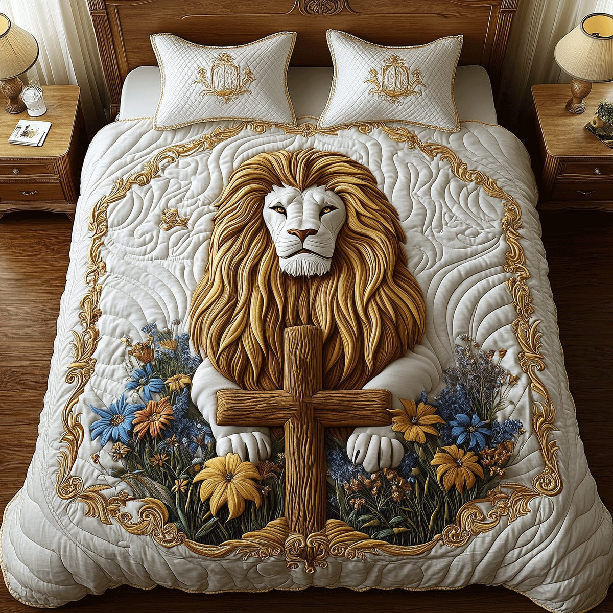 Lion Sacred Cross quilted 3-piece bedding set on a made bed in a softly lit bedroom