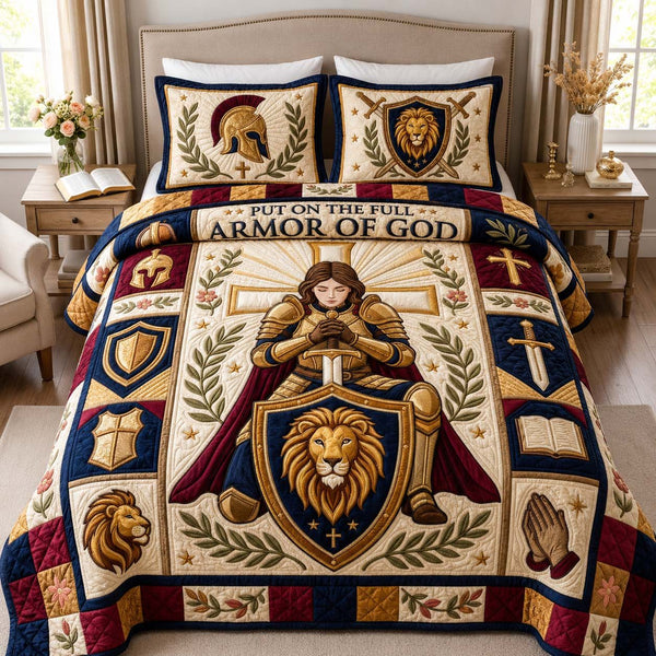 Lion Shield Warrior quilted 3-piece bedding set on a made bed with two matching pillow shams