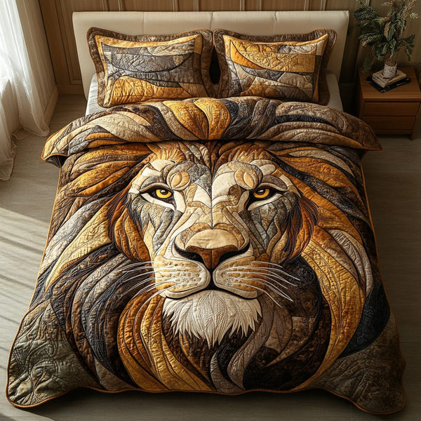 Lion Soul quilted 3-piece bedding set on a made bed with two matching pillow shams
