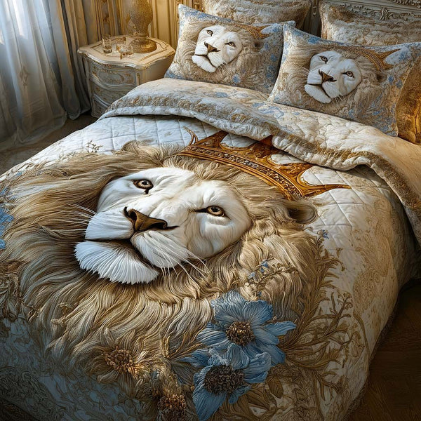 Lion Spirit quilted 3-piece bedding set on a made bed with two matching pillow shams