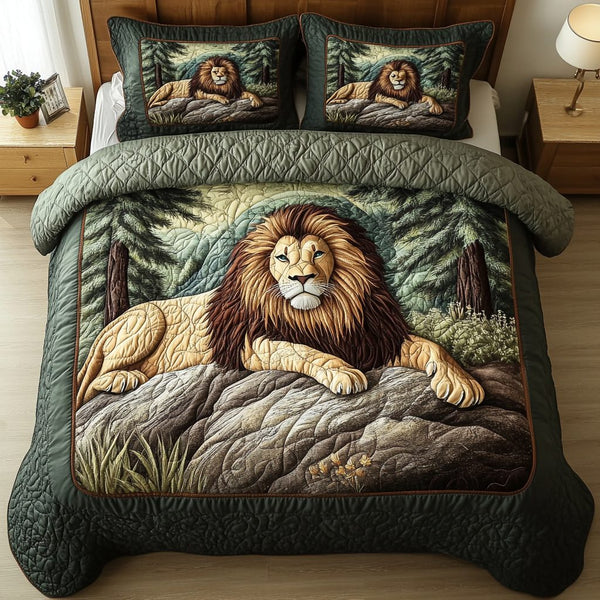Lion Spirit quilted 3-piece bedding set on a made bed with two matching pillow shams