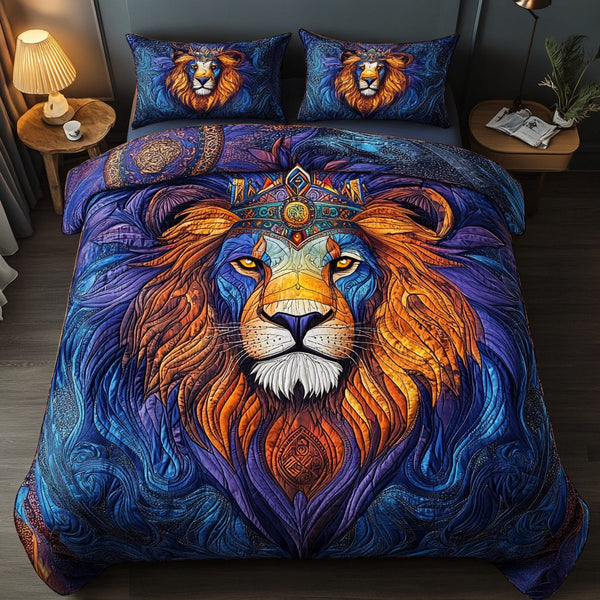 Lion Spirit quilted 3-piece bedding set on a made bed with two matching pillow shams