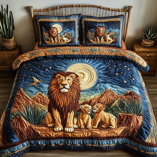 Lion Strength quilted 3-piece bedding set on a made bed with two matching pillow shams