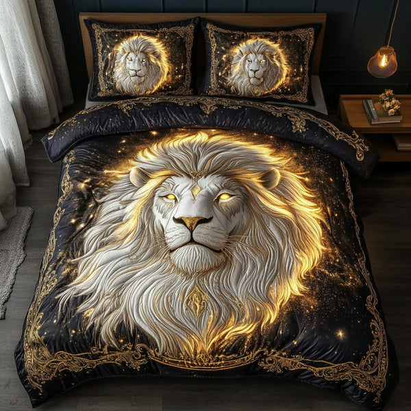 Lion Strength quilted 3-piece bedding set on a made bed with two matching pillow shams