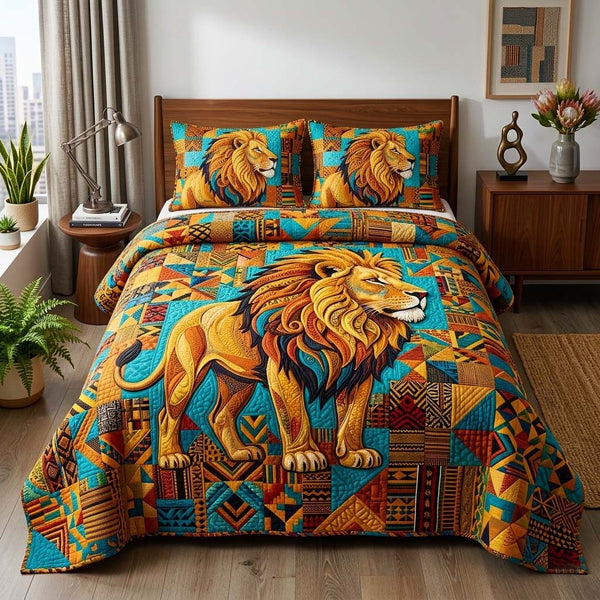 Lion Tribe quilted 3-piece bedding set on a made bed with two matching pillow shams