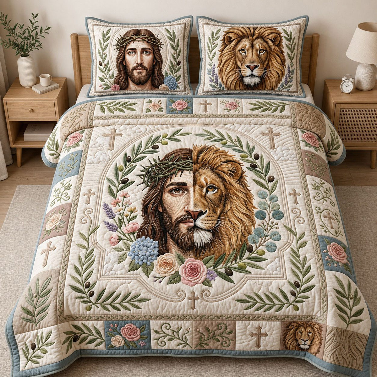 Lion Yeshua Jesus quilted 3-piece bedding set on a made bed in a softly lit bedroom