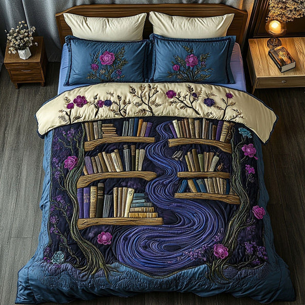 Literary Adventures quilted 3-piece bedding set on a made bed in a winter-styled bedroom
