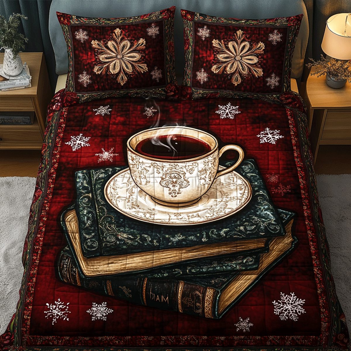 Literary Bliss quilted 3-piece bedding set on a made bed with two matching pillow shams