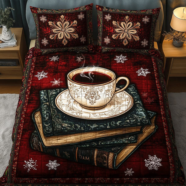 Literary Bliss quilted 3-piece bedding set on a made bed with two matching pillow shams