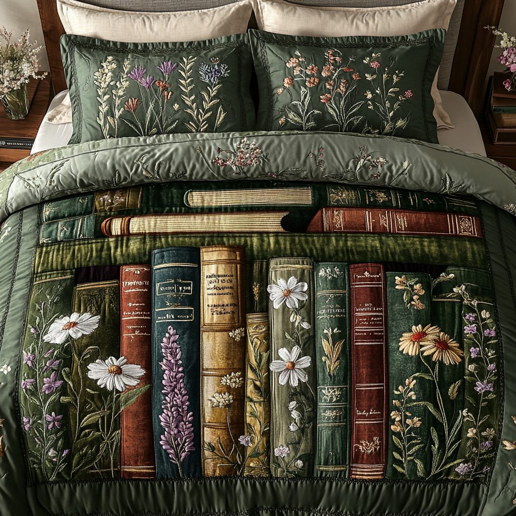 Literary Bloom quilted 3-piece bedding set on a made bed with two matching pillow shams