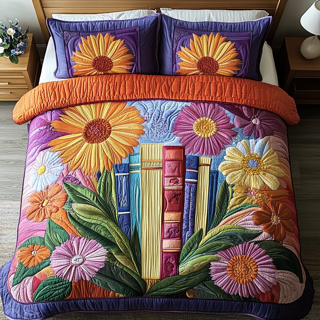 Literary Blossoms quilted 3-piece bedding set on a made bed with two matching pillow shams