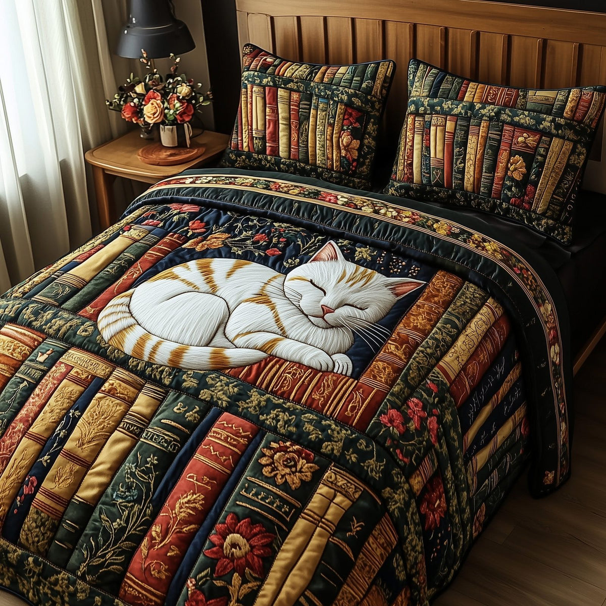 Literary Cat Haven quilted 3-piece bedding set on a made bed with two matching pillow shams