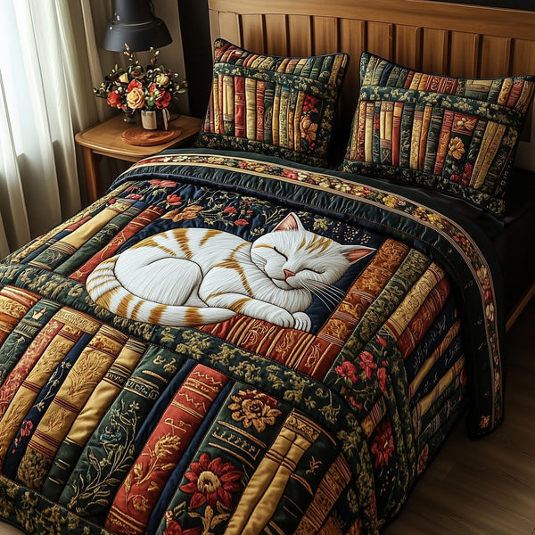 Literary Cat Haven quilted 3-piece bedding set on a made bed with two matching pillow shams