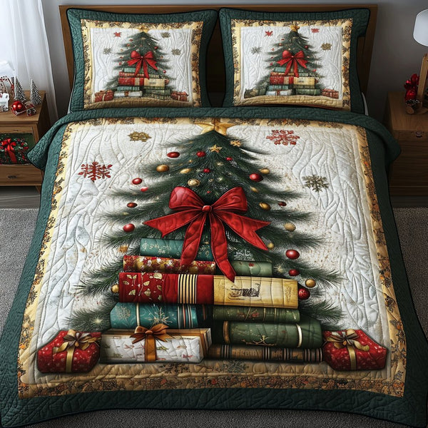Literary Christmas quilted 3-piece bedding set on a made bed in a winter-styled bedroom