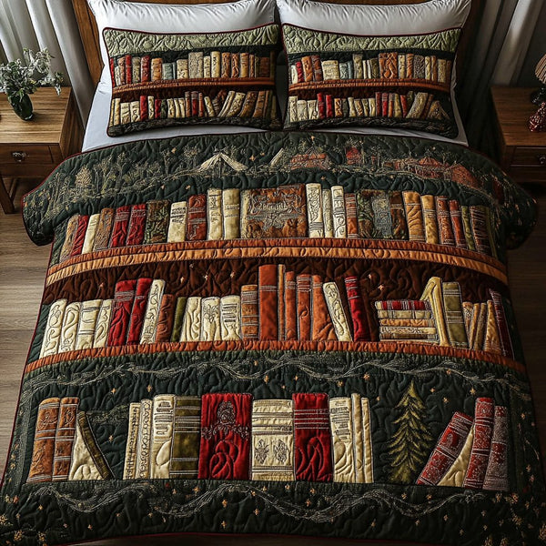 Literary Comfort quilted 3-piece bedding set on a made bed with two matching pillow shams