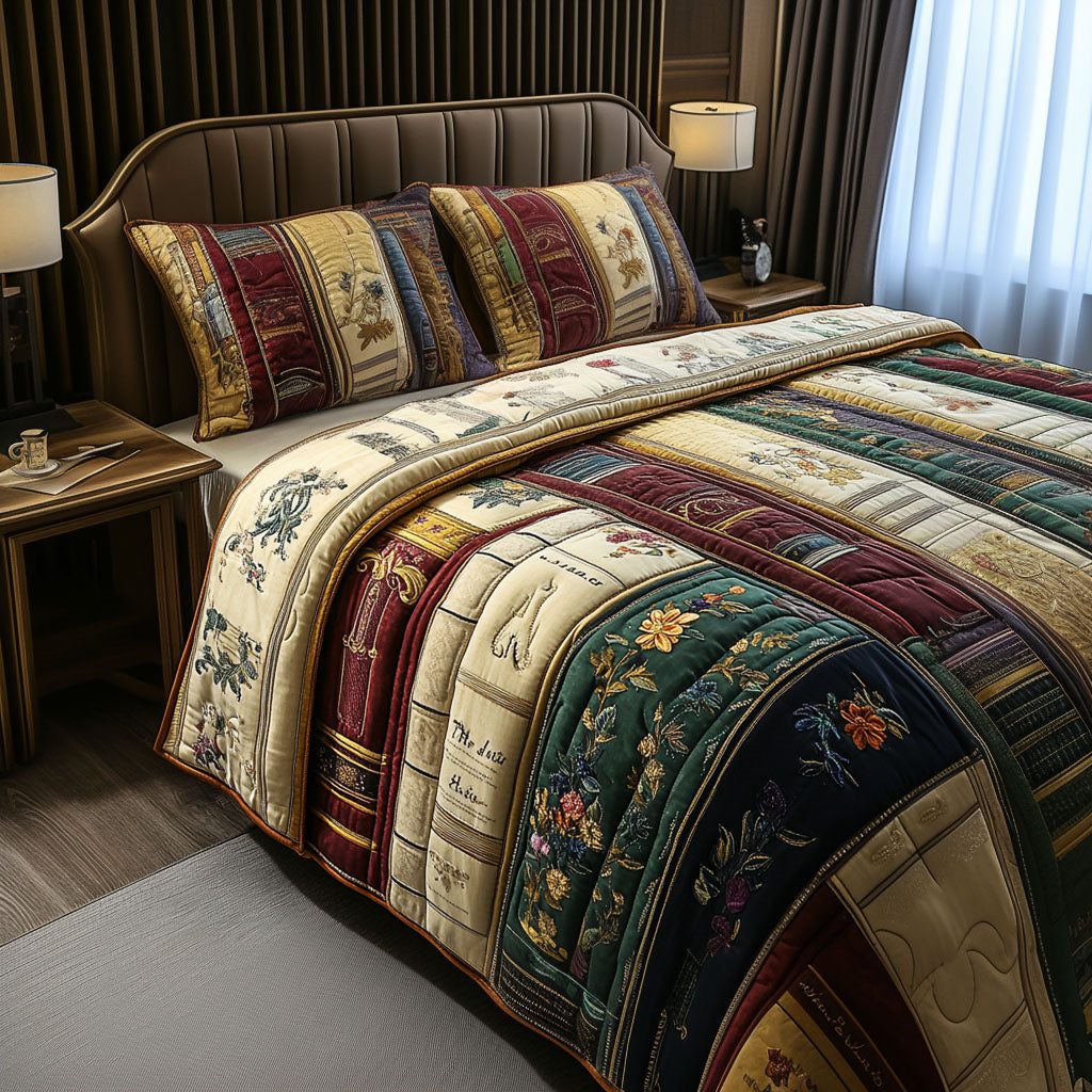 Literary Dreams quilted 3-piece bedding set on a made bed with two matching pillow shams