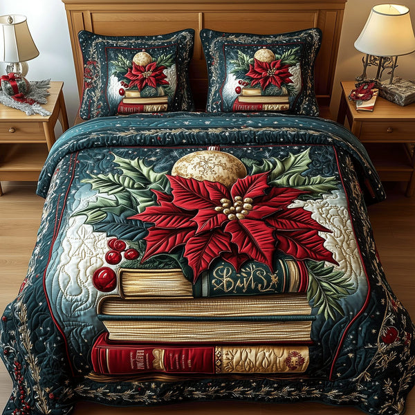 Literary Dreams quilted 3-piece bedding set on a made bed with two matching pillow shams