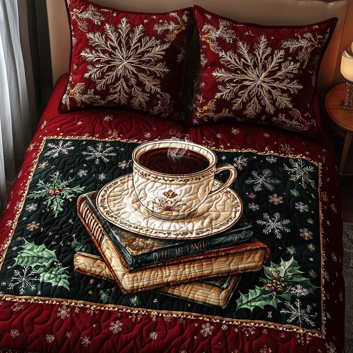 Literary Dreams quilted 3-piece bedding set on a made bed with two matching pillow shams