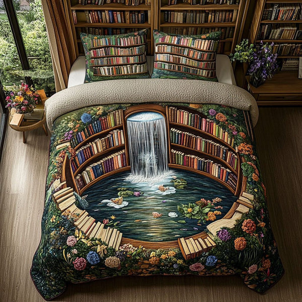 Literary Escape quilted 3-piece bedding set on a made bed with two matching pillow shams