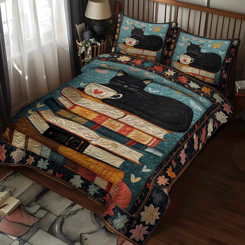 Literary Feline quilted 3-piece bedding set on a made bed with two matching pillow shams